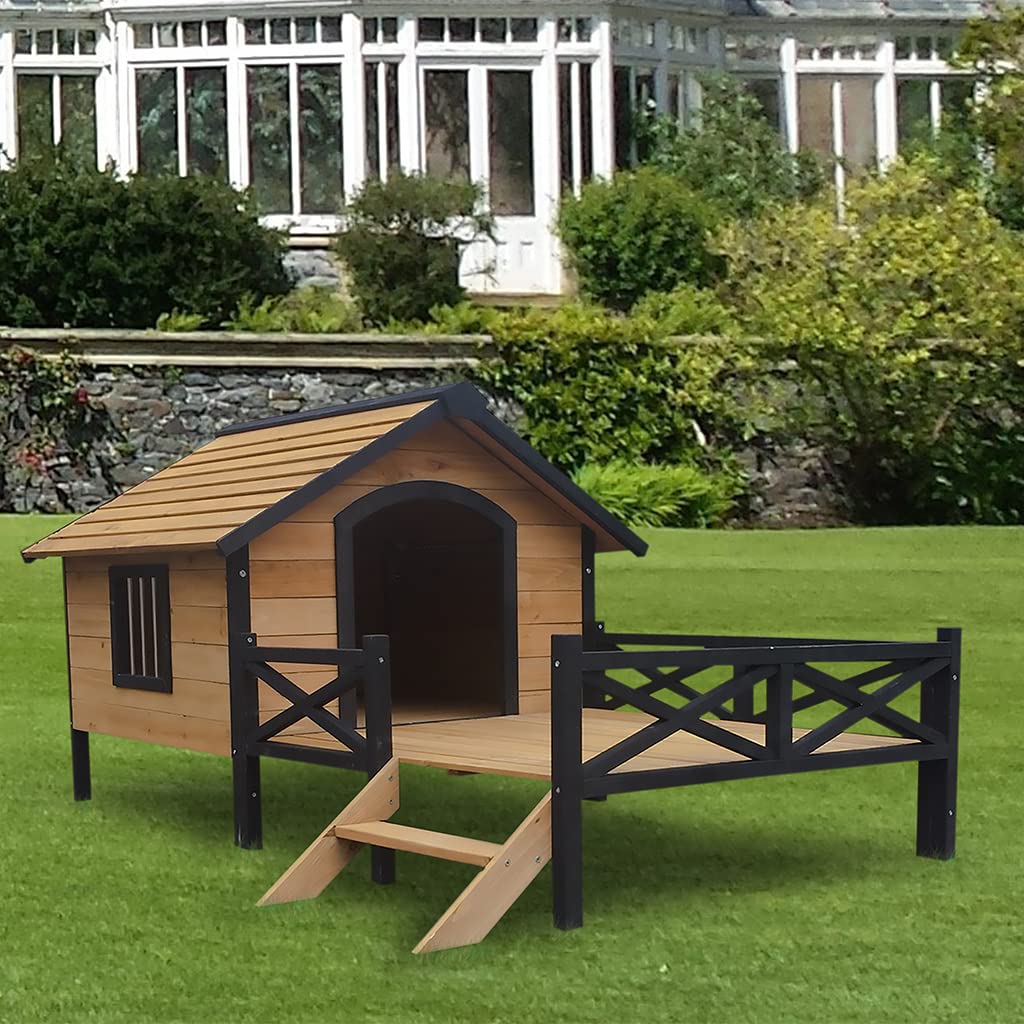 Wooden Large Dog House 43.3" L x 69.9" W x 32.7" H Extreme Outback Log Cabin Weatherproof Outdoor Pet Kennel, Cabin Style Elevated Pet Shelter