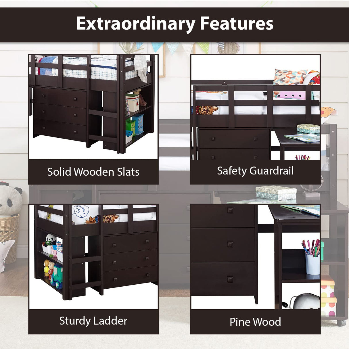 Naomi Home Twin Loft Bed with Desk and Storage - Space-Saving Kids Bed in Espresso Naomi Home