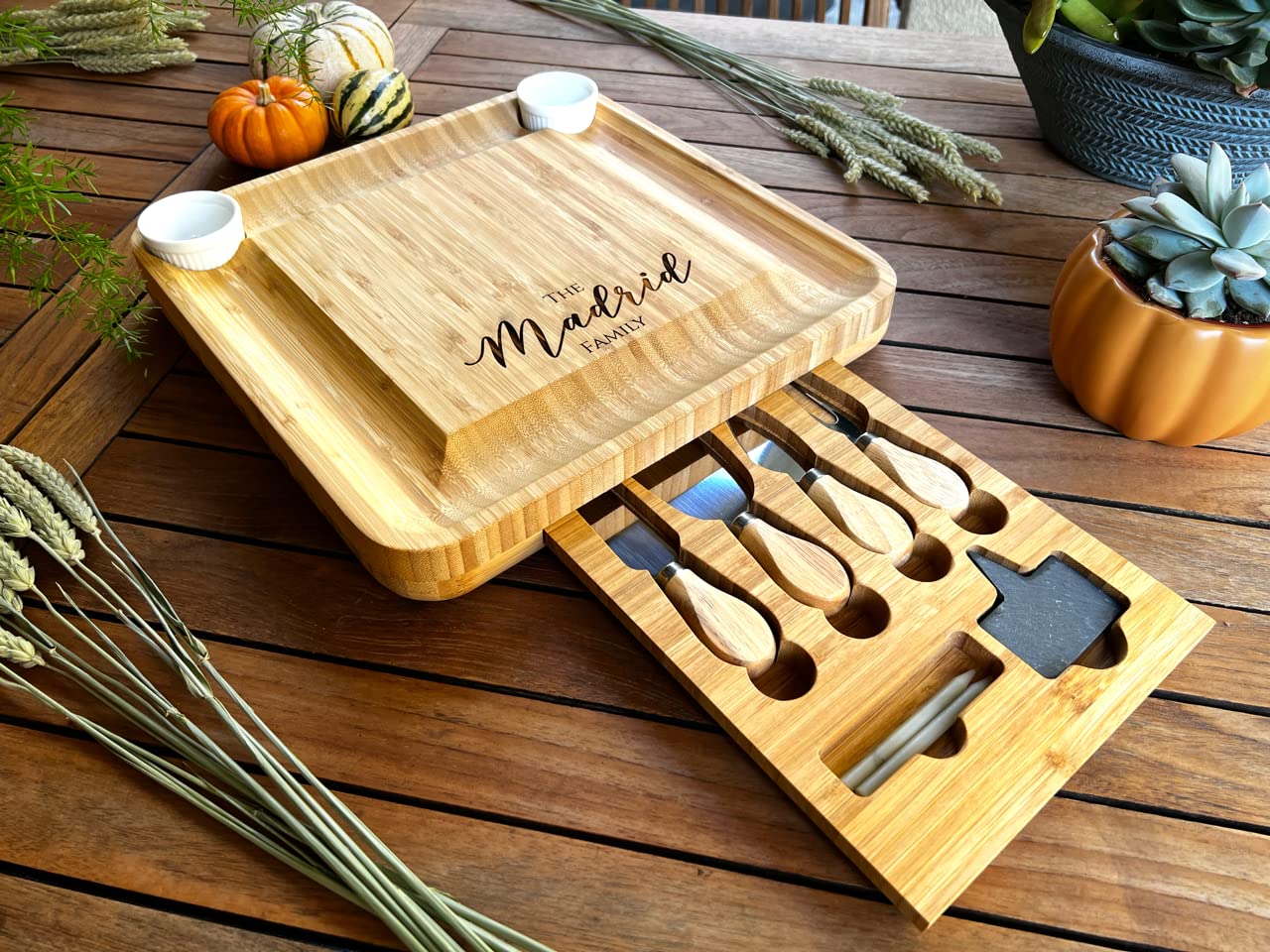 Personalized Bamboo Charcuterie Board Set/10pcs Cheese Board And Knife Set, Realtor Closing gift, Custom Charcuterie board, Wedding Gift WoodArtSupply