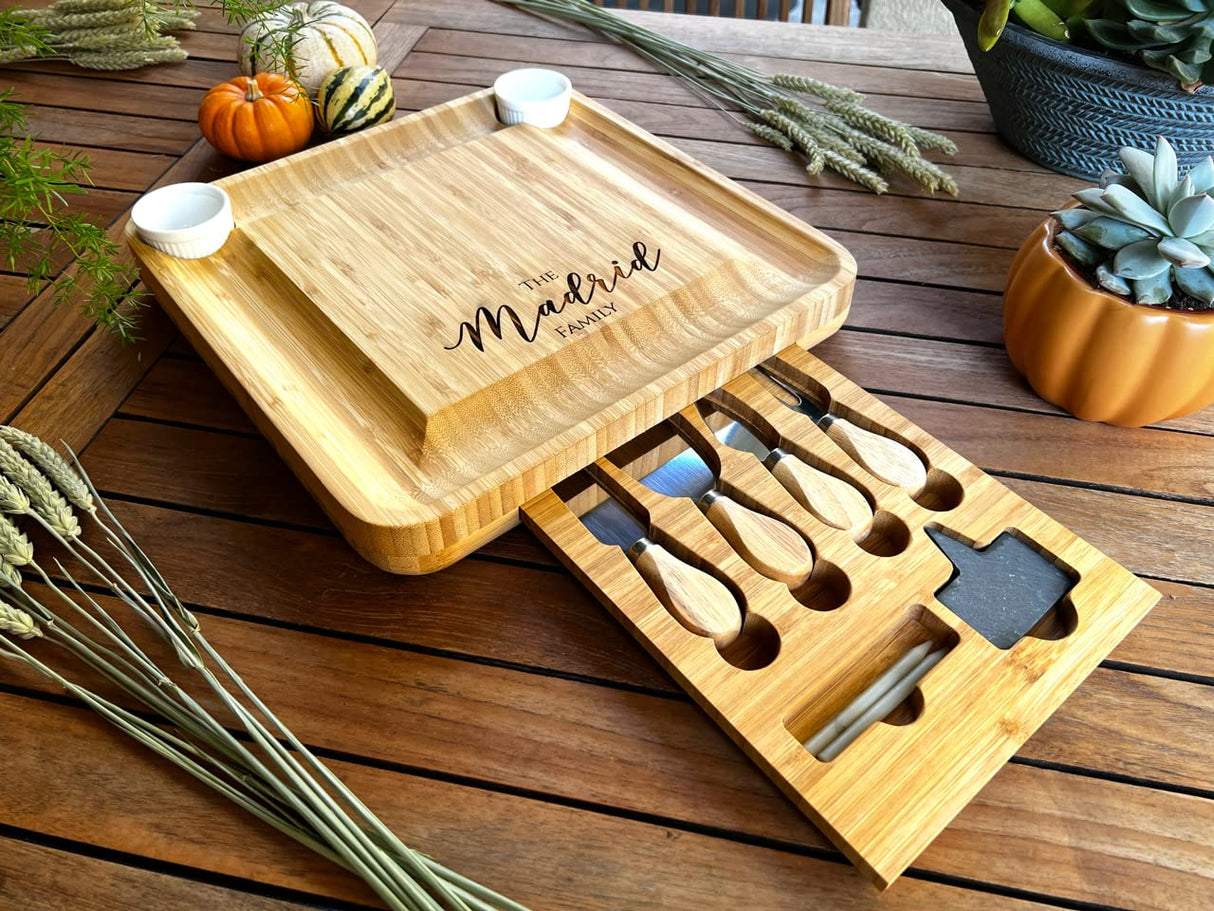 Personalized Bamboo Charcuterie Board Set/10pcs Cheese Board And Knife Set, Realtor Closing gift, Custom Charcuterie board, Wedding Gift WoodArtSupply