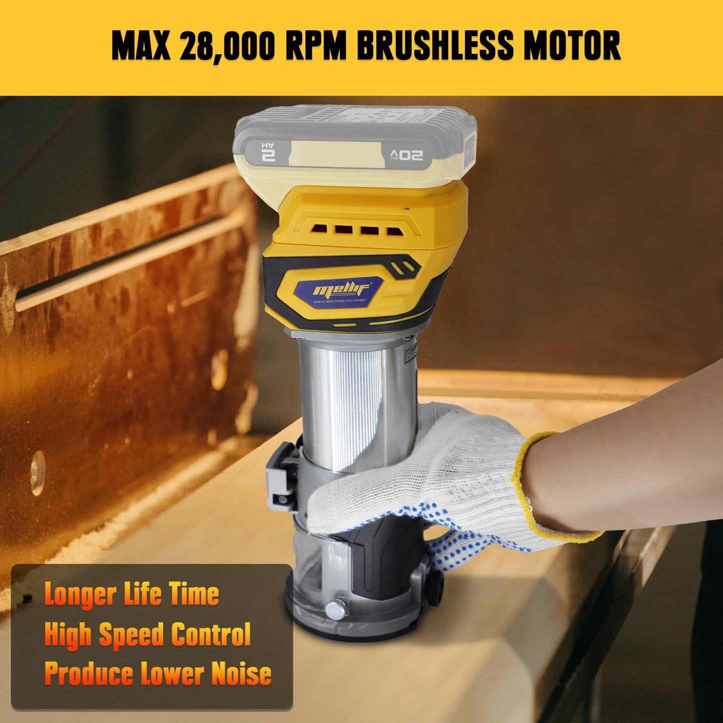 Cordless Router Tool, Mellif 600W Brushless Trim Router for DeWalt 20V MAX Battery(NOT Included) 28,000RPM 5 Variable Speeds, Fixed Base, 12PCS 1/4" - WoodArtSupply