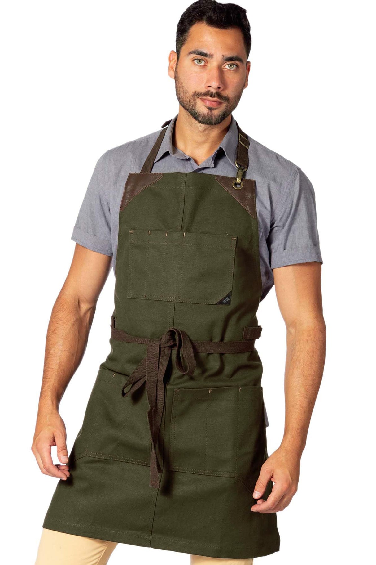 Under NY Sky Knife-Roll Forest Green Apron – Heavy-Duty Canvas, Leather Reinforcement – Adjustable for Men and Women – Pro Chef, Barbecue, Butcher, Under NY Sky