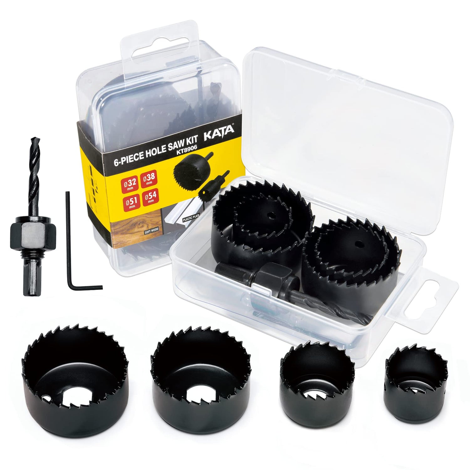 KATA 6PCS Hole Saw Kit 1-1/4" to 2-1/8"(32-54mm) Hole Saw Set in Case with Mandrels and Hex Key for Soft Wood, PVC Board, Plywood KATA