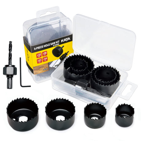 KATA 6PCS Hole Saw Kit 1-1/4" to 2-1/8"(32-54mm) Hole Saw Set in Case with Mandrels and Hex Key for Soft Wood, PVC Board, Plywood KATA