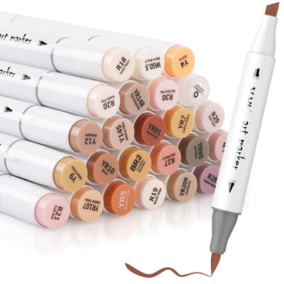 Skin Tone Alcohol Marker Set - 25 Dual-Tipped Brushes for Art, Drawing, and Coloring - Fast-Drying, Blendable Ink Marks on Paper, Plastic, Metal, and