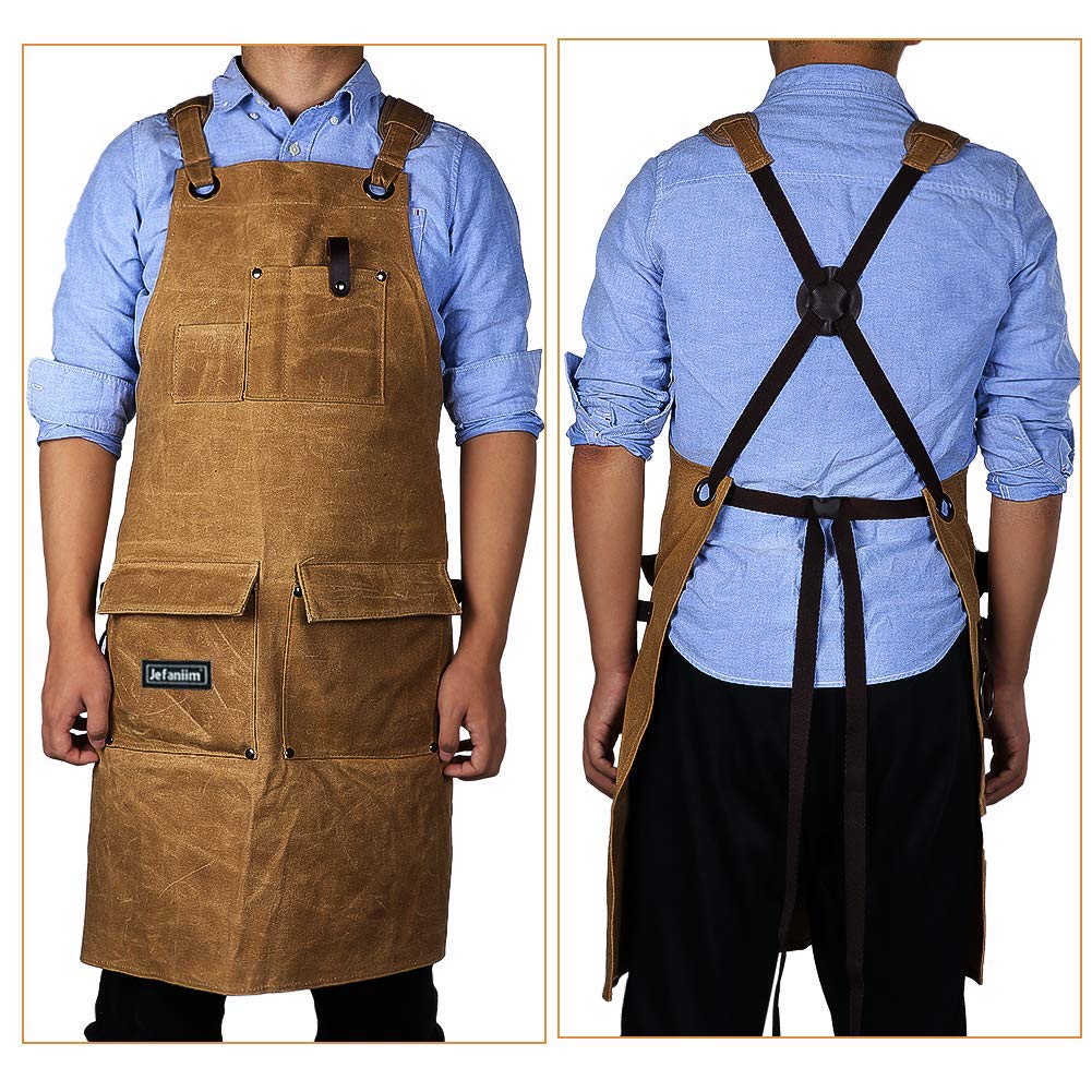 Waxed Canvas Shop Apron for Men & Women.Woodworking Aprons Heavy Duty Work Apron with Pockets. Big Bulk Tool Apron with Adjustable Cross-Back Jefaniim