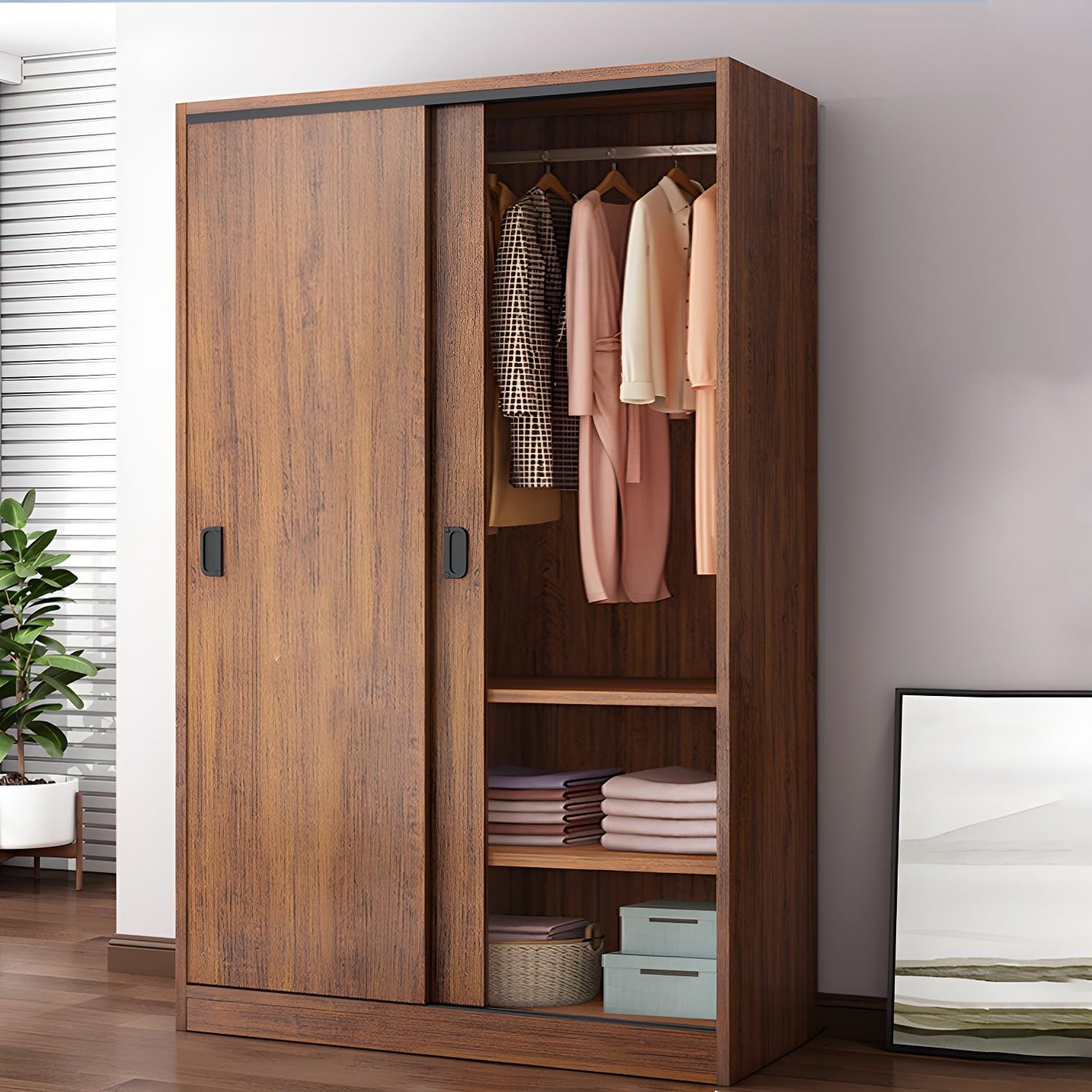 LITFAD Sliding Door Wood Wardrobe Cabinet Modern Mutil-Functional Armoire with Shelves and Soft-Close Freestanding Closet for Bedroom Hotel - Brown