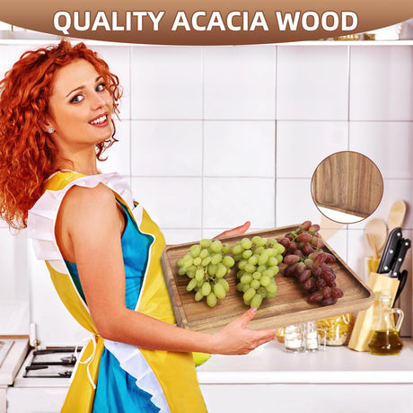 2 PCS Solid Acacia Wood Serving Trays Rectangular Wooden Serving Platters Natural Wooden Boards for Bar Coffee Party 13 * 9 inch （Wood Log Color） Charmlife