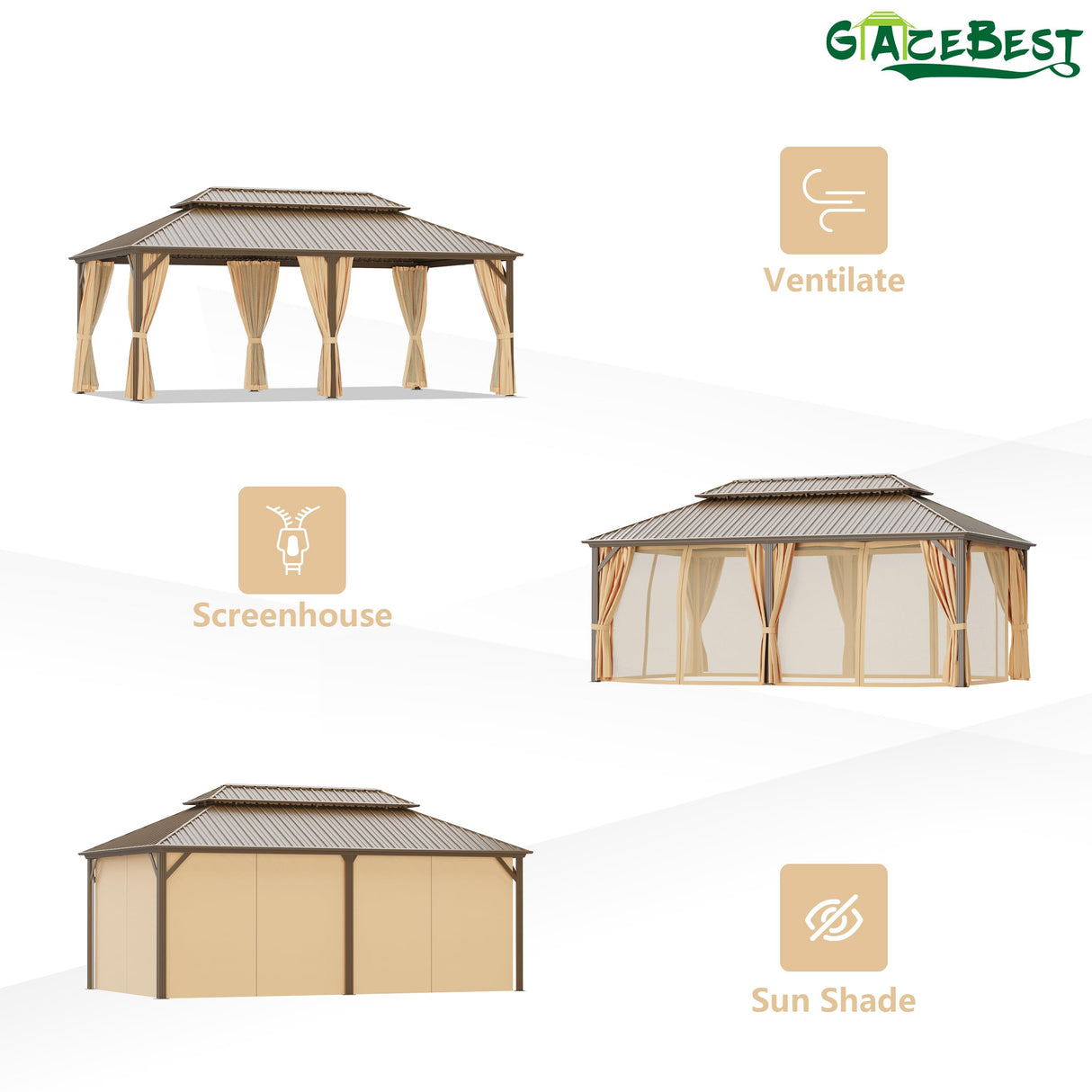 GAZEBEST 12x20 ft Hardtop Gazebo Outdoor Aluminum Patio Gazebo Double Roof Galvanized Steel Gazebo Canopy with Netting and Curtains,for Garden GAZEBEST