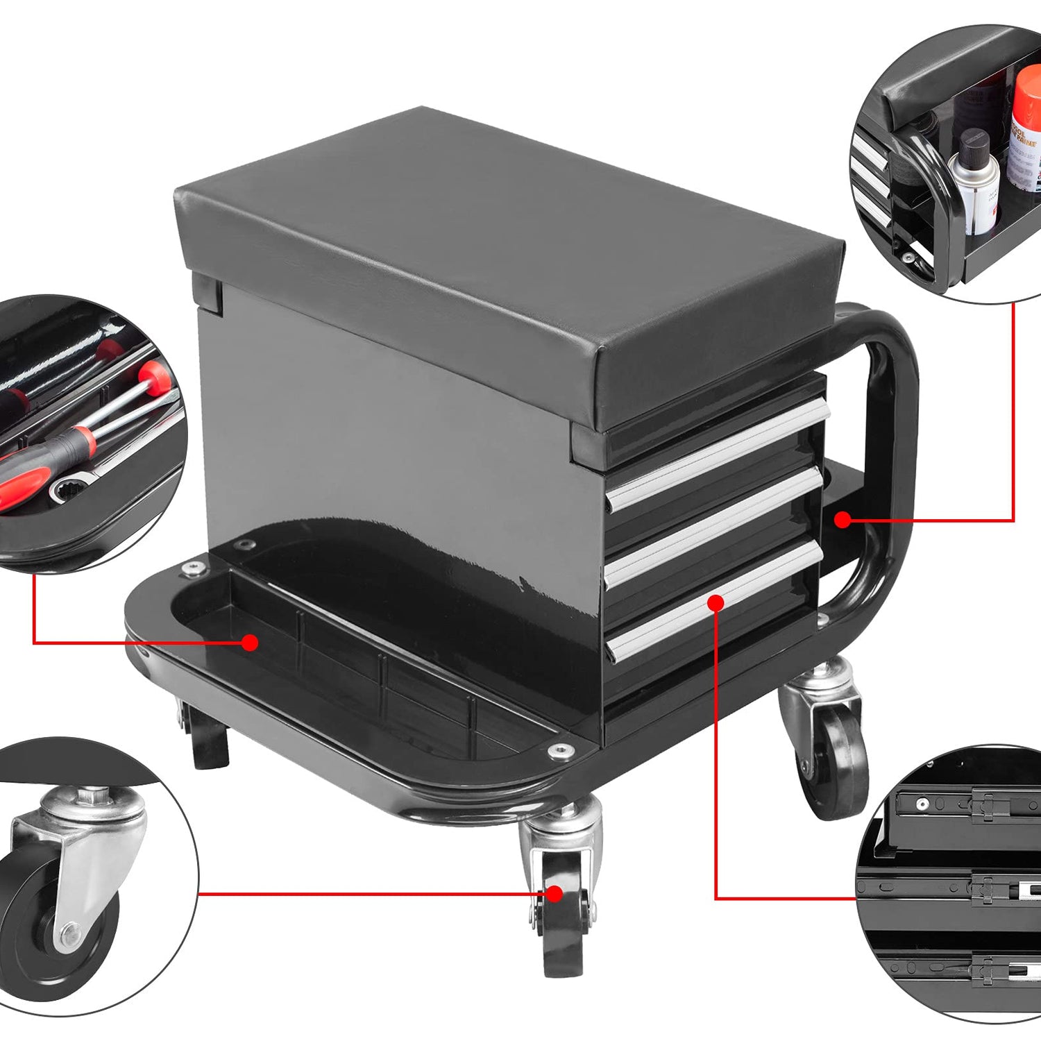 BIG RED Rolling Creeper Garage/Shop Seat with Three Built-in Drawers, Rolling Tool Chest,Black,APD2016AR BIG RED