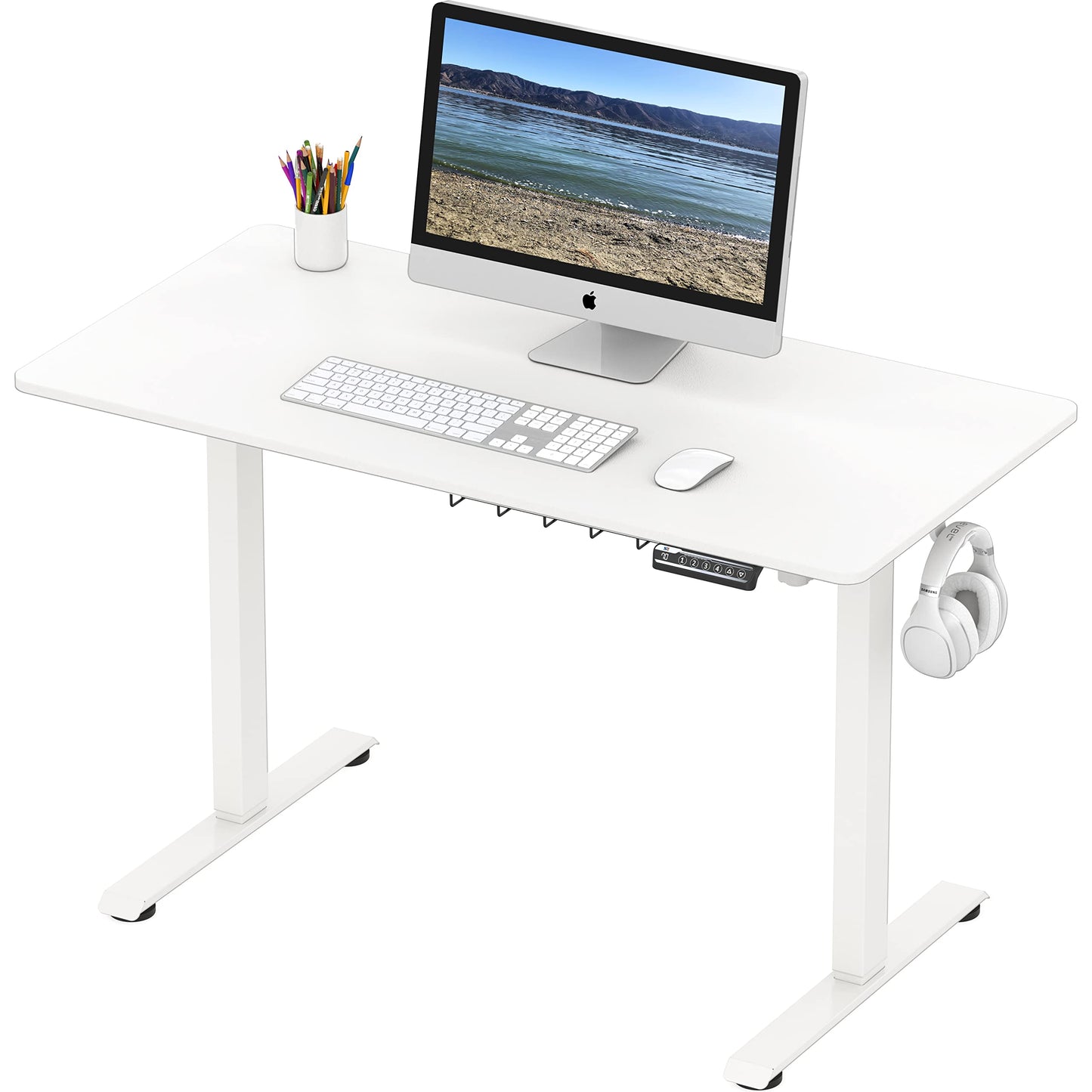 SHW Electric Height Adjustable Sit Stand Desk with Hanging Hooks and Cable Management, 48 x 24 Inches, White Frame and White Top - WoodArtSupply