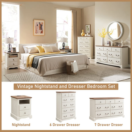 T4TREAM 7 Drawers Dresser Chests for Bedroom, Wood Rustic Tall Chset of Drawers,Dressers Organizer for Bedroom, Living Room,Hallway, Antique White T4TREAM