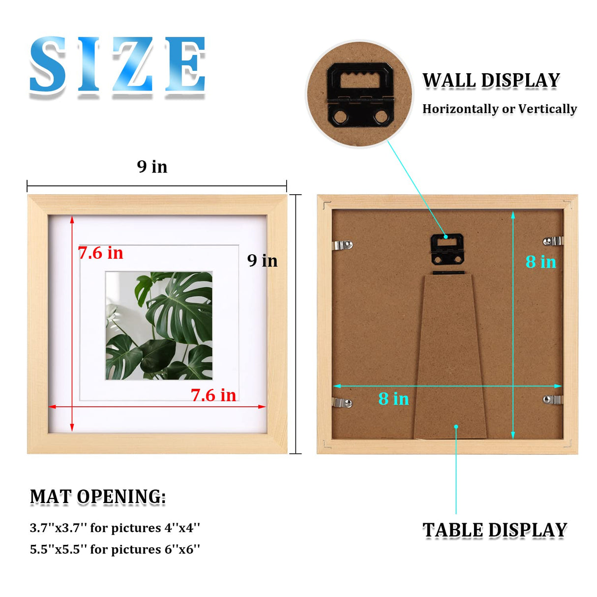 Egofine 8x8 Picture Frame Natural Wood Made of Solid Wood with Plexiglass, Display Pictures 4x4/6x6 with Mat or 8x8 Without Mat for Tabletop and Wall Egofine