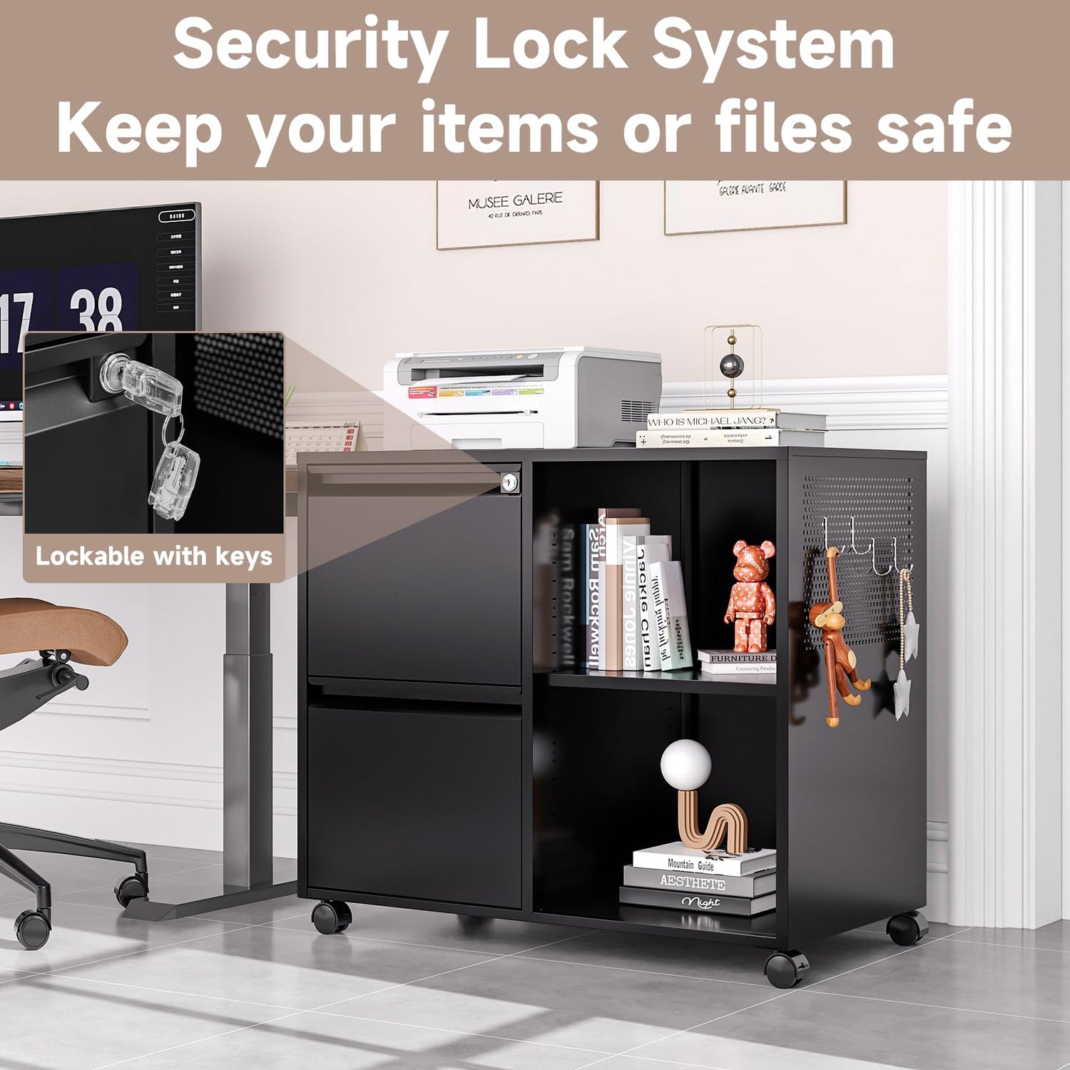 AFAIF Lateral File Cabinet, 2 Drawer File Cabinet with Lock, Printer Cabinet Printer Stand with Storage, Metal Mobile Filing Cabinet Home Office AFAIF