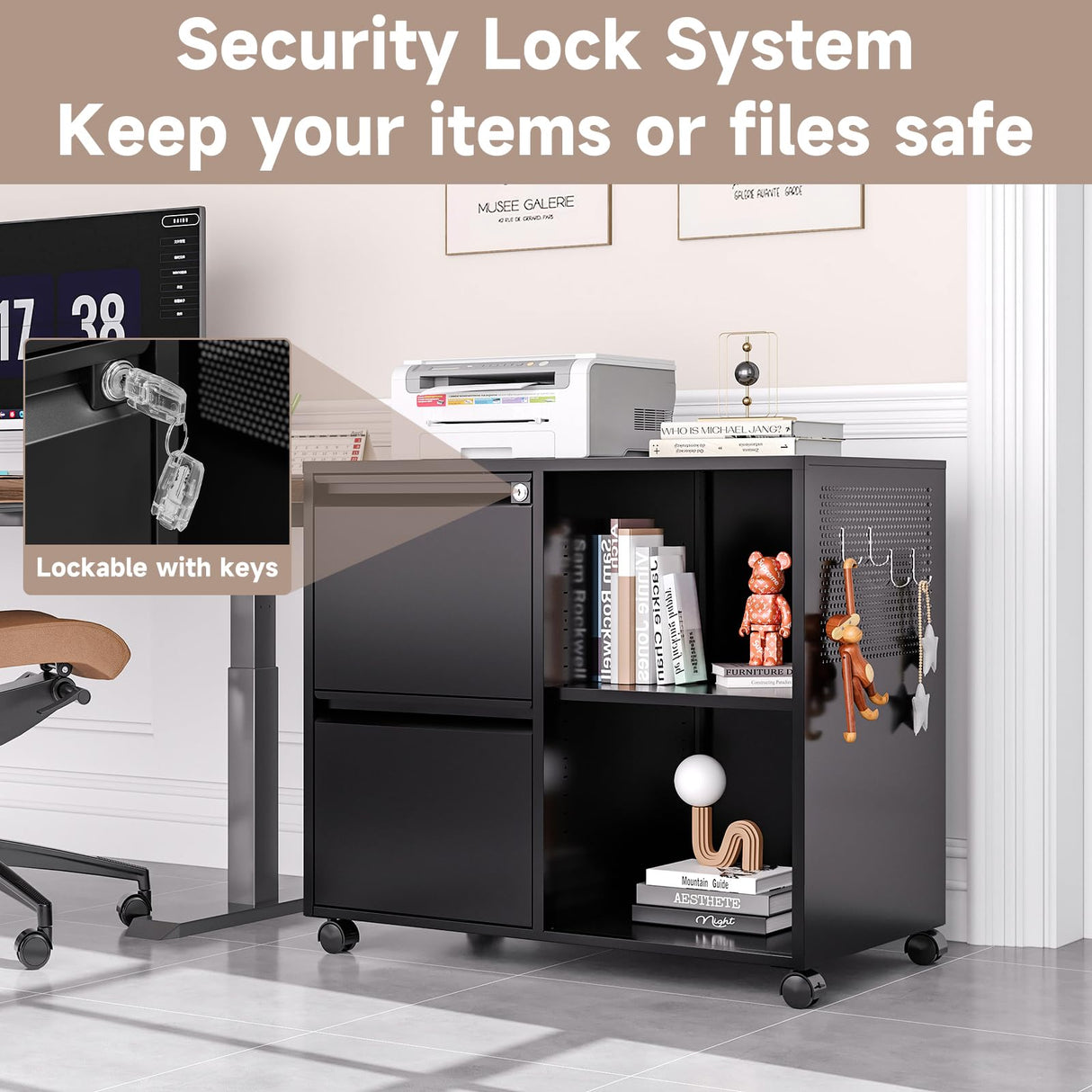 AFAIF Lateral File Cabinet, 2 Drawer File Cabinet with Lock, Printer Cabinet Printer Stand with Storage, Metal Mobile Filing Cabinet Home Office AFAIF