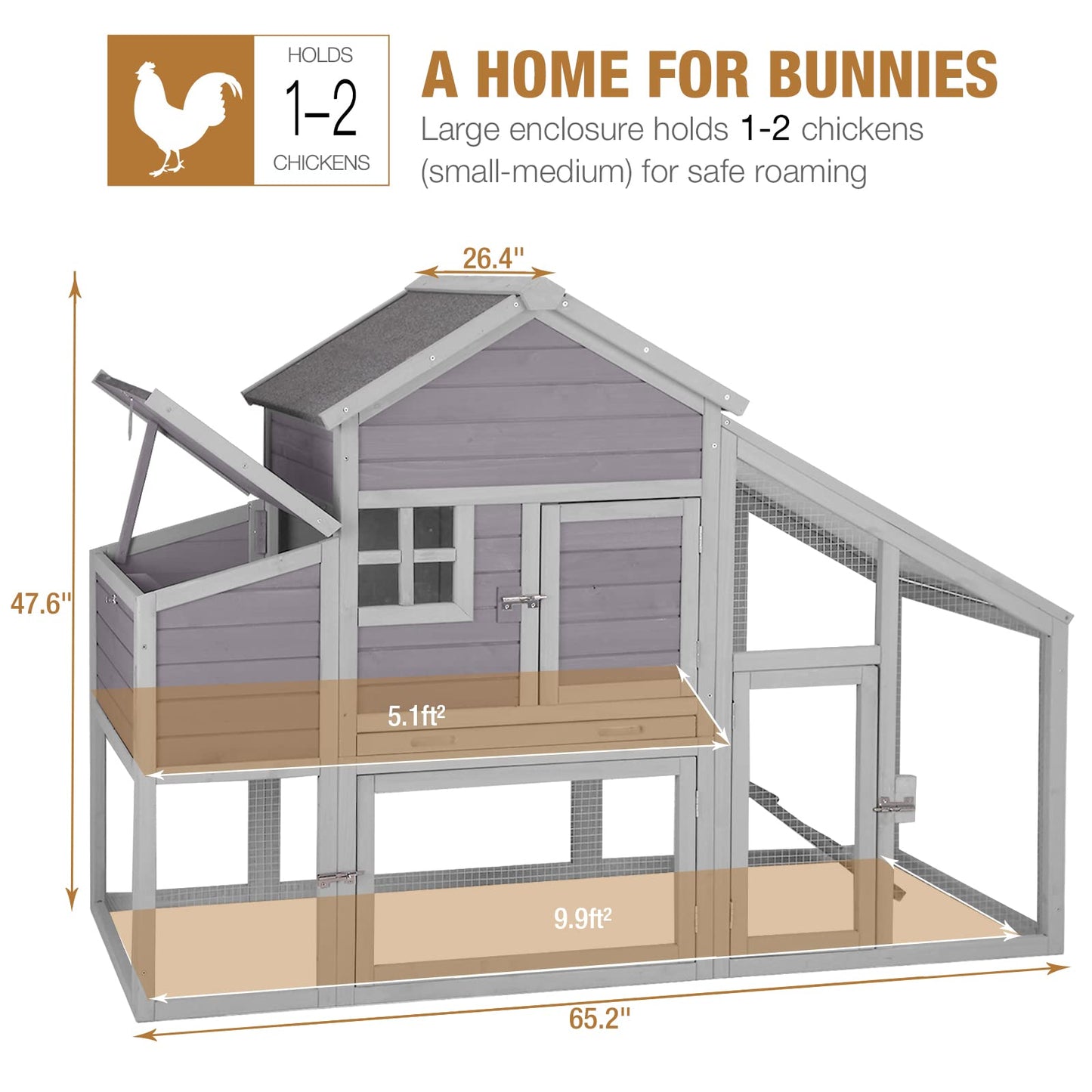 GUTINNEEN Chicken Coop with Large Nesting Box Outdoor Wooden Hen House Poultry Cage with Run (Grey-32)