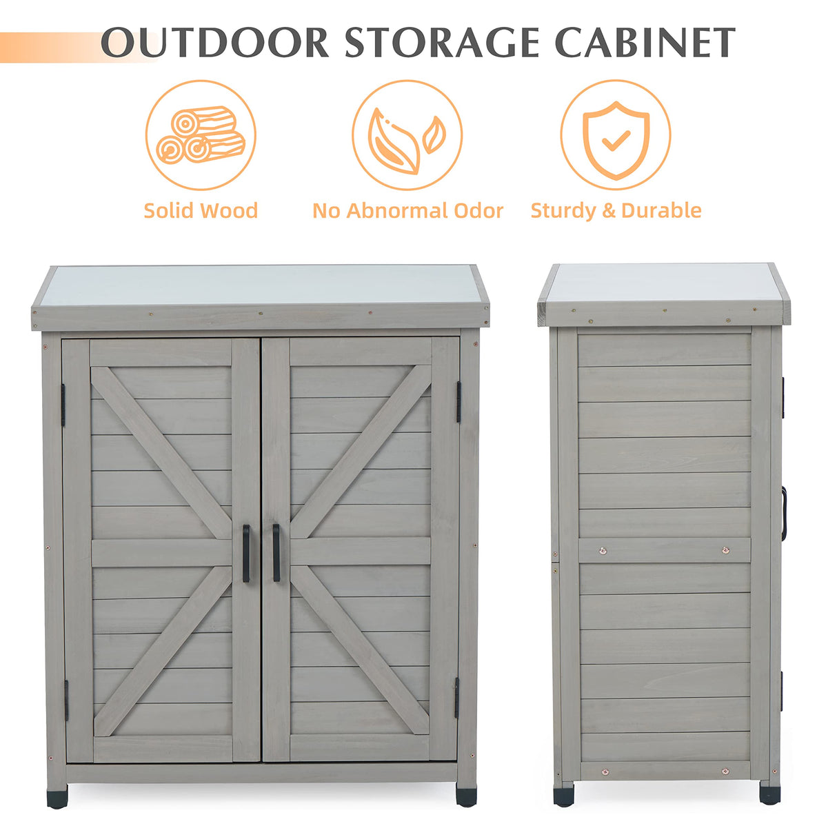 Outdoor Storage Cabinet & Potting Bench Table with Metal Top, Wooden Patio Furniture, Garden Workstation SoliWood