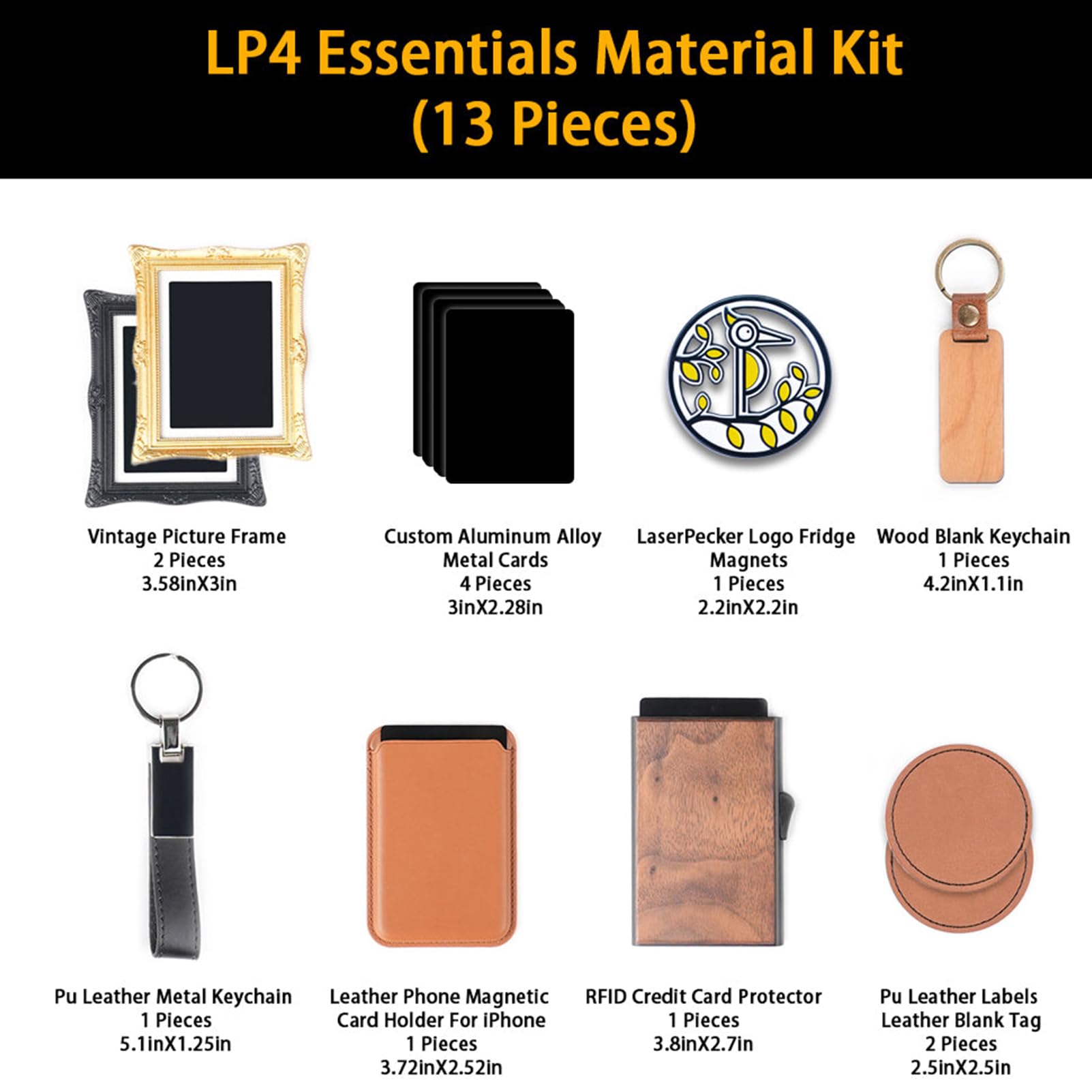 LaserPecker LP4 Essentials Material Kit, Laser Material Kit 7 Kinds of Laser Engraving Materials and Custom Stainless Steel Logo Refrigerator Magnet - WoodArtSupply