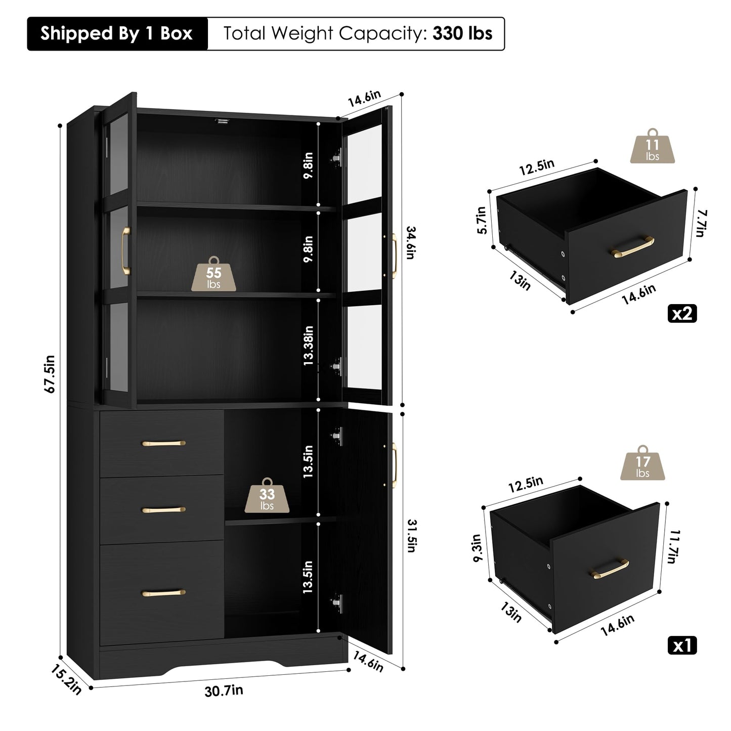 HIFIT Tall Storage Cabinet with 2 Glass Display Door & Shelves & 3 Drawer, 67"H Tall Kitchen Pantry Cabinet with Gold Handles, Modern Linen Cabinet