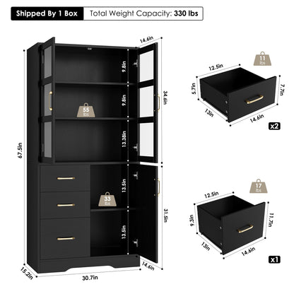 HIFIT Tall Storage Cabinet with 2 Glass Display Door & Shelves & 3 Drawer, 67"H Tall Kitchen Pantry Cabinet with Gold Handles, Modern Linen Cabinet