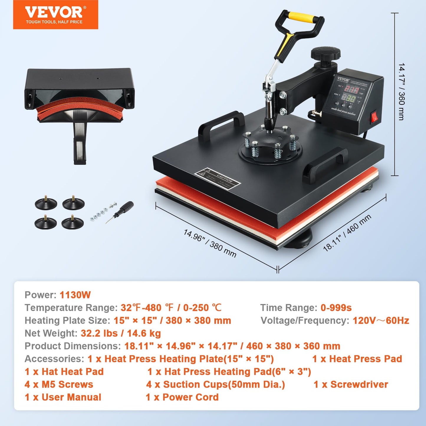 VEVOR 15x15 Heat Press Machine 2 in 1 Combo, 360° Swing Away Digital Tshirt Press Machine, Clamshell Sublimation Heat Transfer Press for Printing - WoodArtSupply