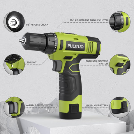 PULITUO 12V Green Cordless Drill Set Power Drill Kit with Battery and Charger,electric drill home improvement,3/8-Inch Keyless Chuck,Built-in PULITUO