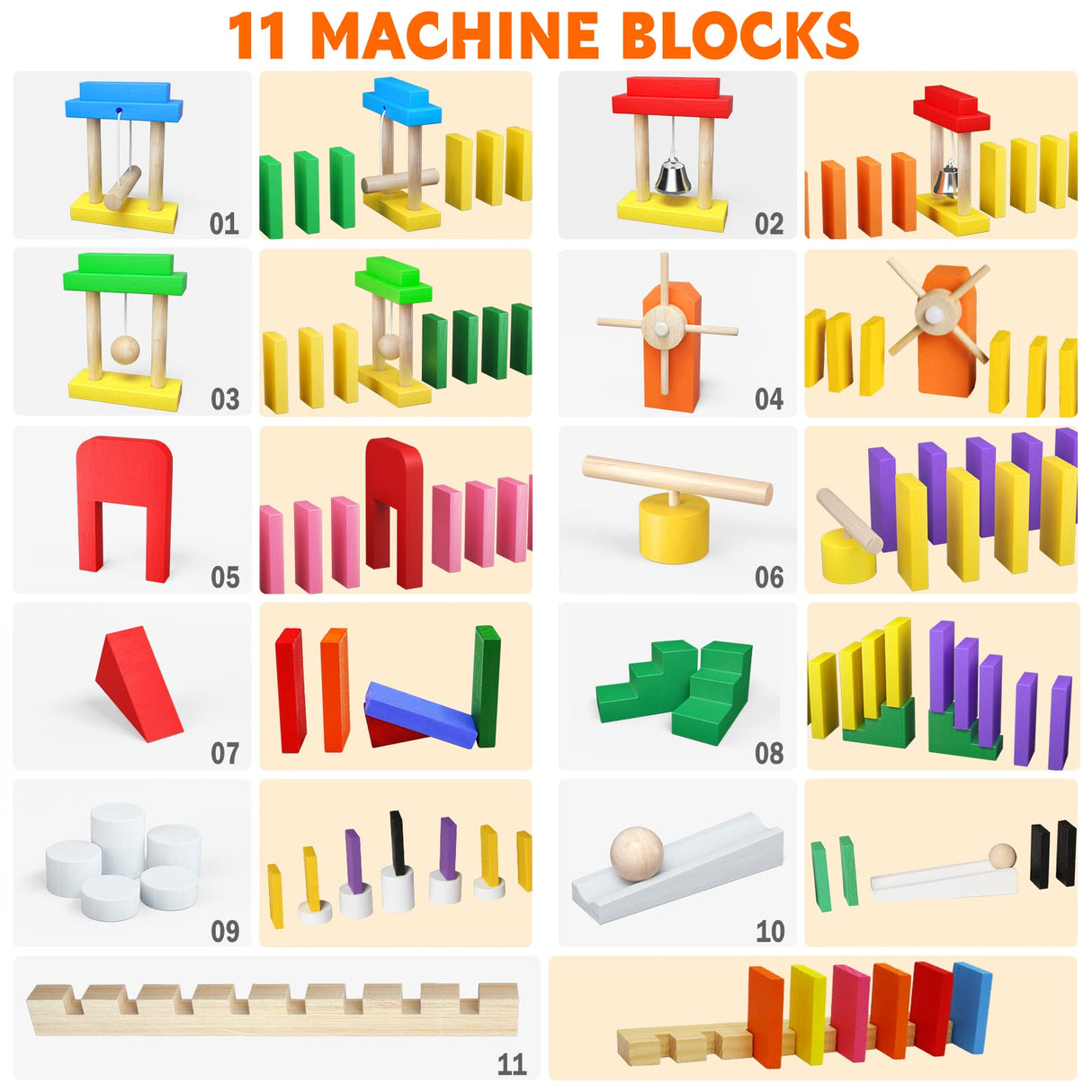 Large Dominoes for Kids, Wooden Dominos Set Include 200 PCS Colorful Domino Blocks, 11 Add-on Tricks and 1 Storage Bag, Bulk Building Dominoes, Tile PEBIRA