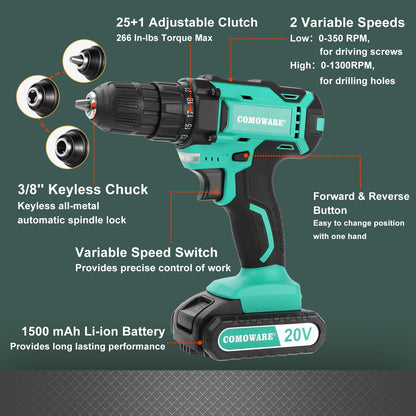 COMOWARE 20V Cordless Drill, Electric Power Drill Set with 1 Battery & Charger, 3/8” Keyless Chuck, 2 Variable Speed, 266 In-lb Torque, 25+1 Position