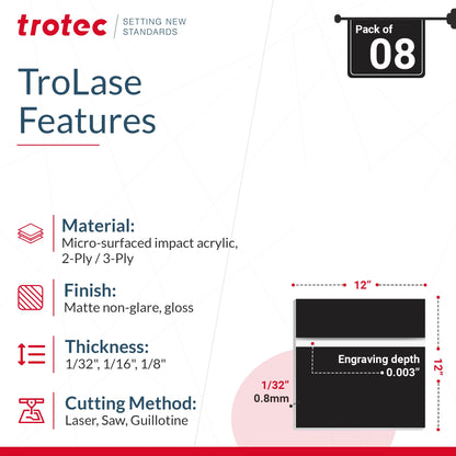 Trotec TroLase | 12"x12"x1/32", 8 Pcs | Black/White | 2 Ply | Modified Acrylic | Laser Engraving Double Color Plastic Sheet | Engraving Blanks for