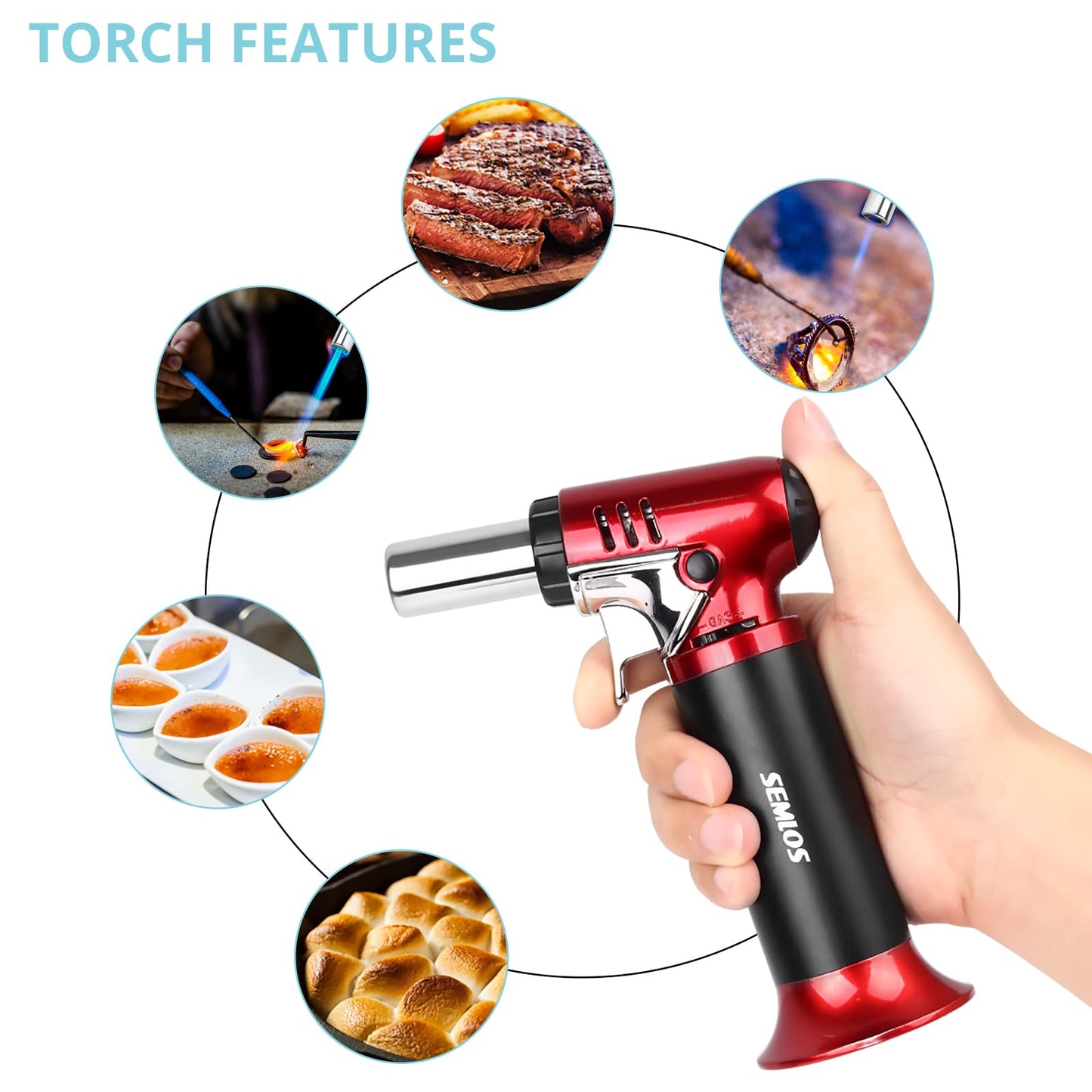 Semlos Butane Torch with Fuel Gauge, Refillable Kitchen Torch Lighter with Safety Lock and Adjustable Flame for DIY, Creme Brulee and - WoodArtSupply