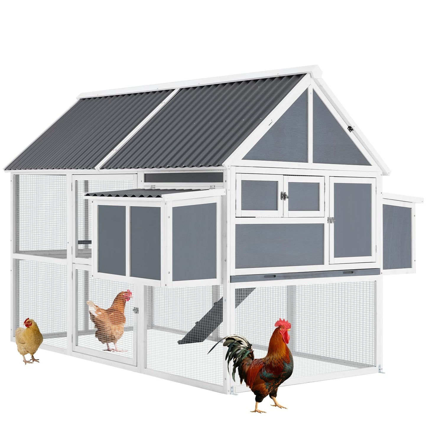 AECOJOY 84” Large Chicken Coop, Outdoor Wooden Hen House Poultry Cage Multi-Level Hutch w/ 2 Nesting Boxes, Ramps, Run, Wire Fence, Removable Tray for Easy Cleaning