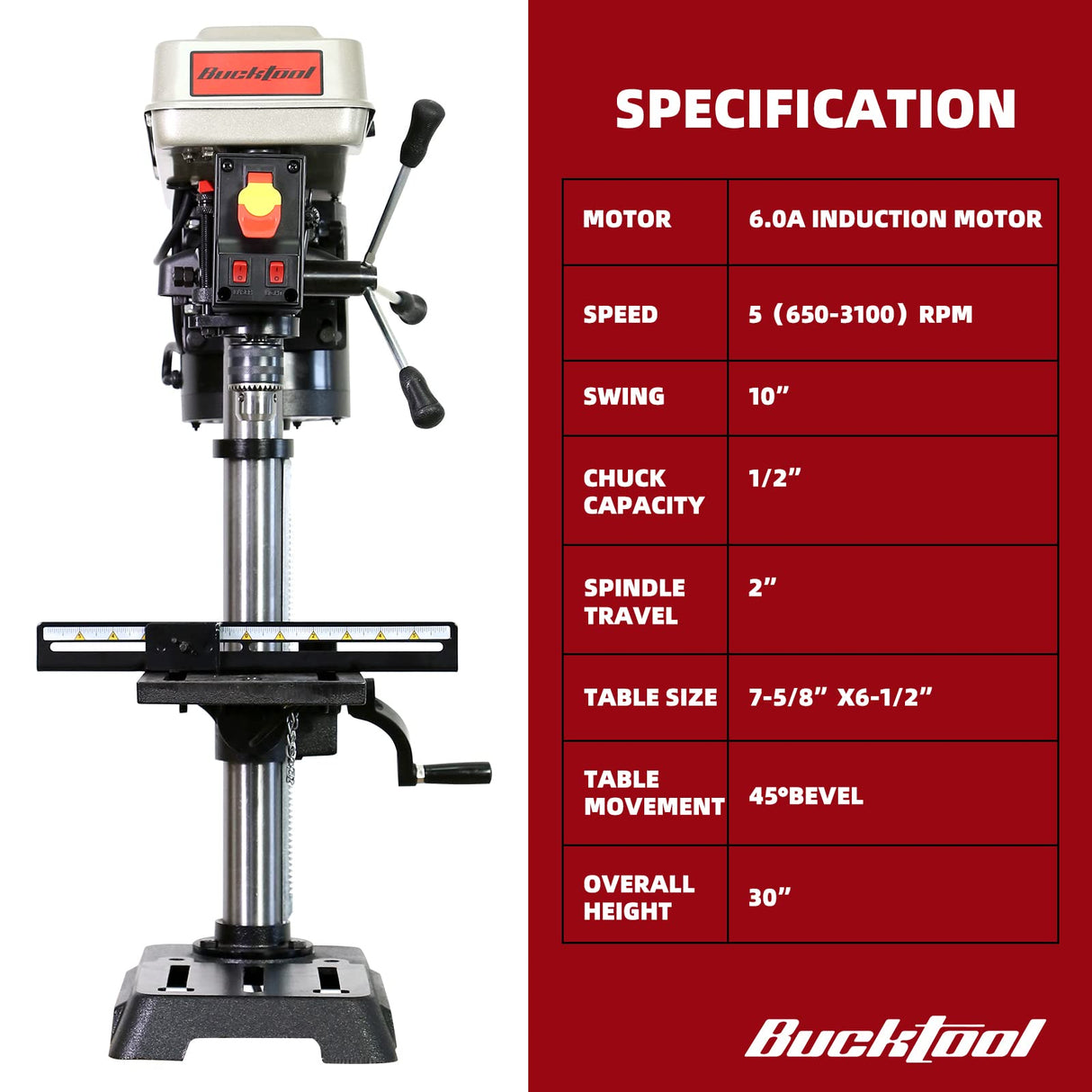 BUCKTOOL 10-Inch Drill Press 6.0 Amp 3/4 HP Bench Drill Press 5-Speed Benchtop Drilling Machine with LED Work Light Bucktool