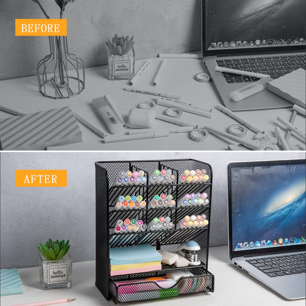 Spacrea Metal Pen Organizer, Pencil Holder for Desk, Desk Organizer with Drawer for School, Home, Art Supplies (Black) Spacrea