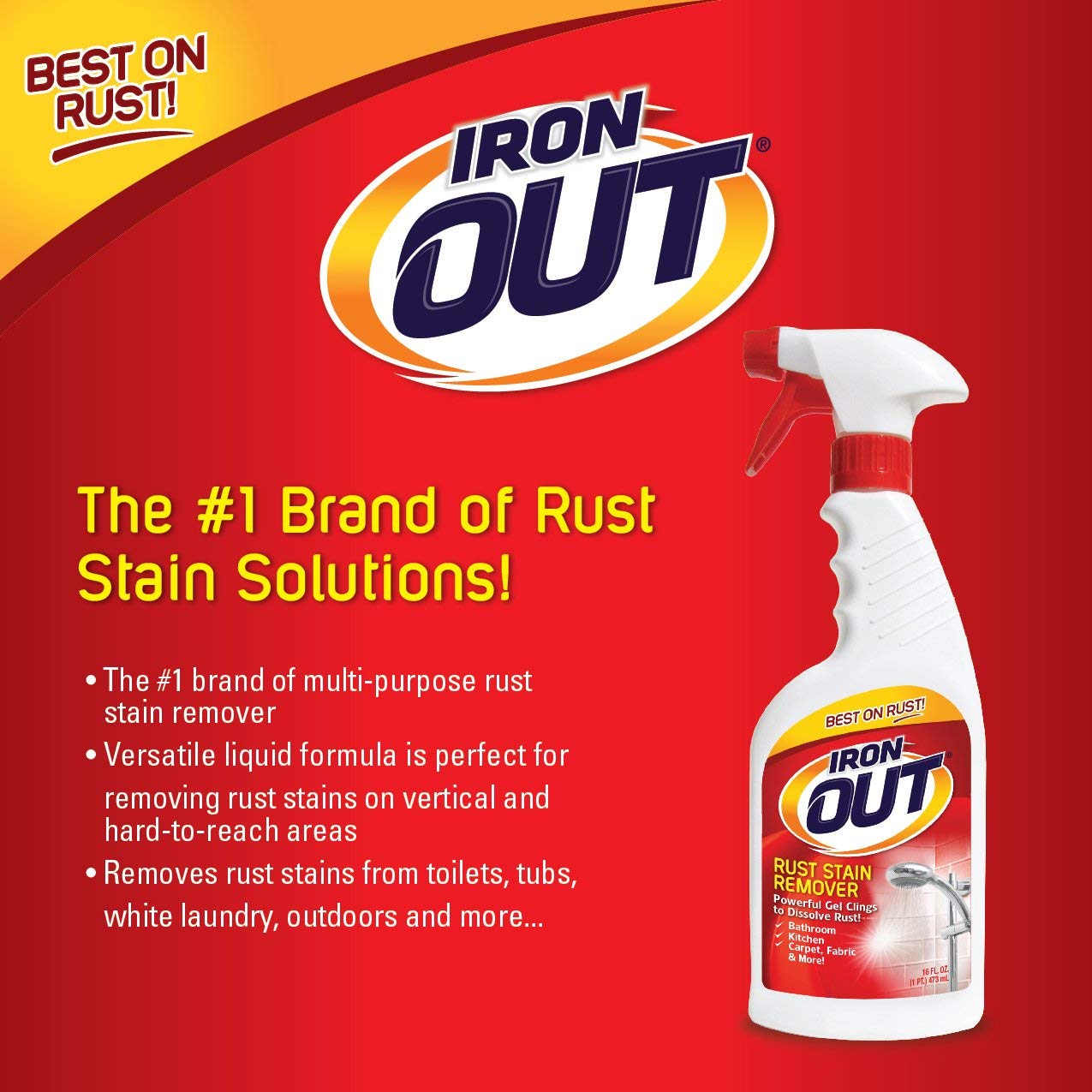 Iron OUT Spray Gel Rust Stain Remover, Remove and Prevent Rust Stains in Bathrooms, Kitchens, Appliances, Laundry, Outdoors, 16 Ounce