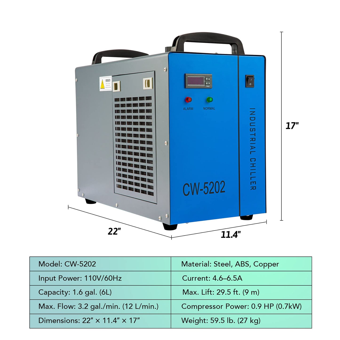 OMTech 6L Dual Industrial Water Chiller 0.9hp 3.2gpm Water Cooling System CW-5202 Water Cooler w 2 Inlets & Outlets to Chill Two 60W 70W 80W 90W 100W - WoodArtSupply