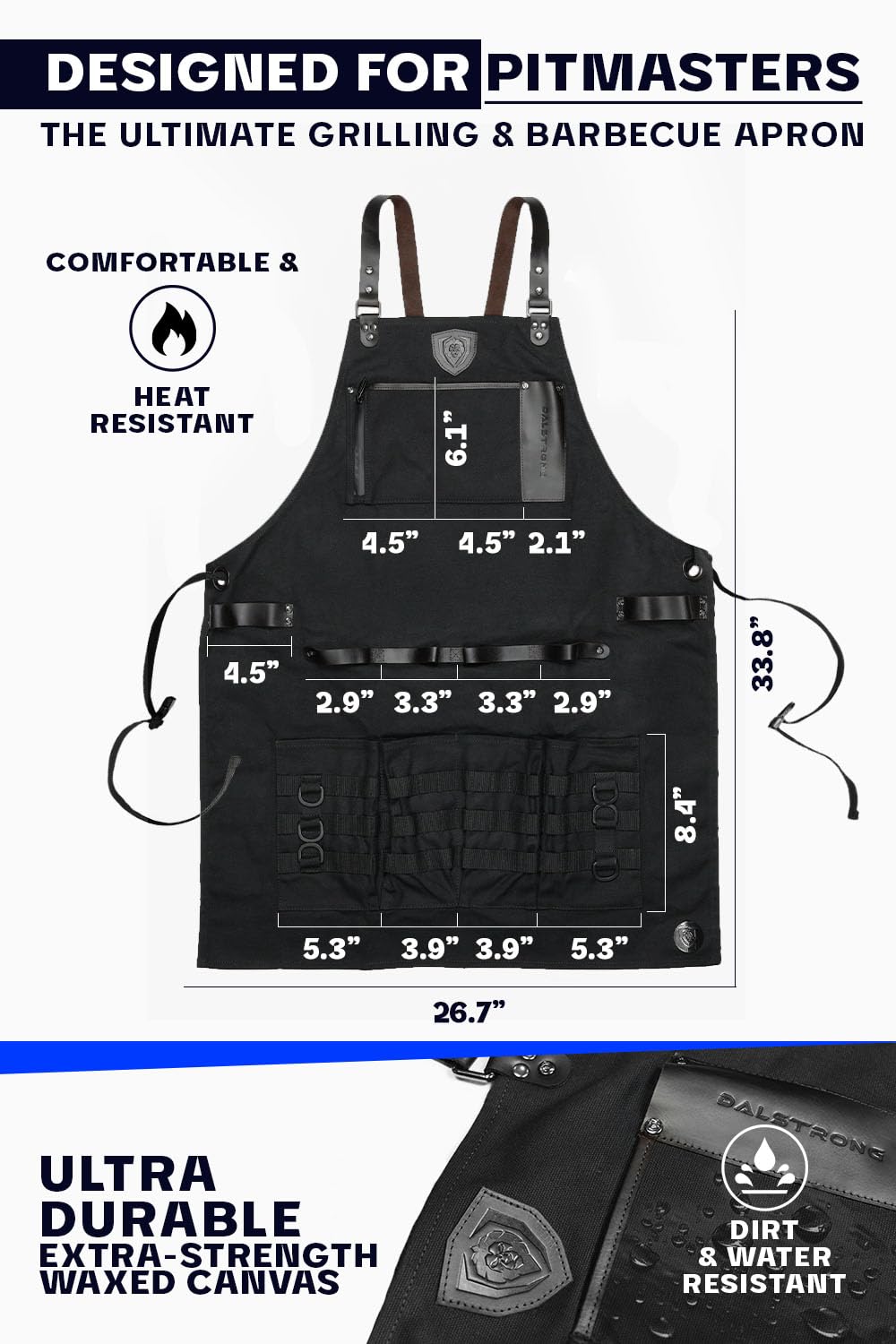 Dalstrong Professional Chef's BBQ Pitmaster Apron - Heavy-Duty Waxed Canvas - Grill Apron - 4 Storage Pockets - Genuine Leather Accents - Adjustable Dalstrong