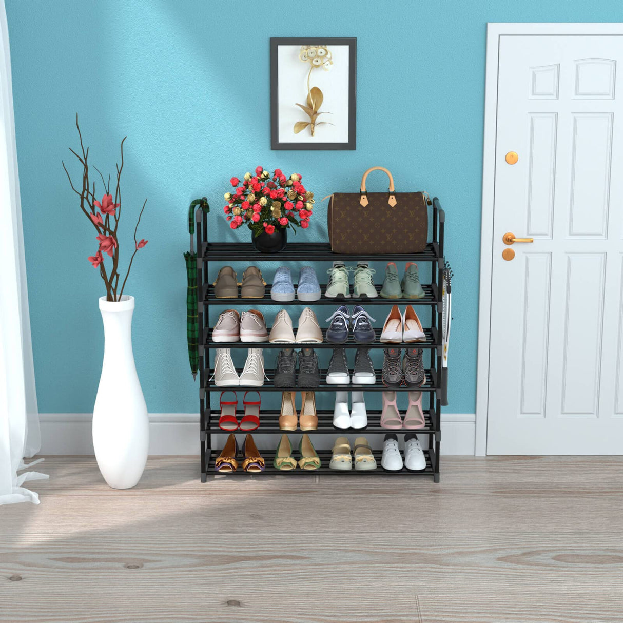 Hsscblet 6 Tiers Metal Shoe Rack,Adjustable Shoe Shelf Storage Organizer with Hooks,Stackable Boot & Shoe Storage,for Entryway,Hallway,Closet,Black Hsscblet