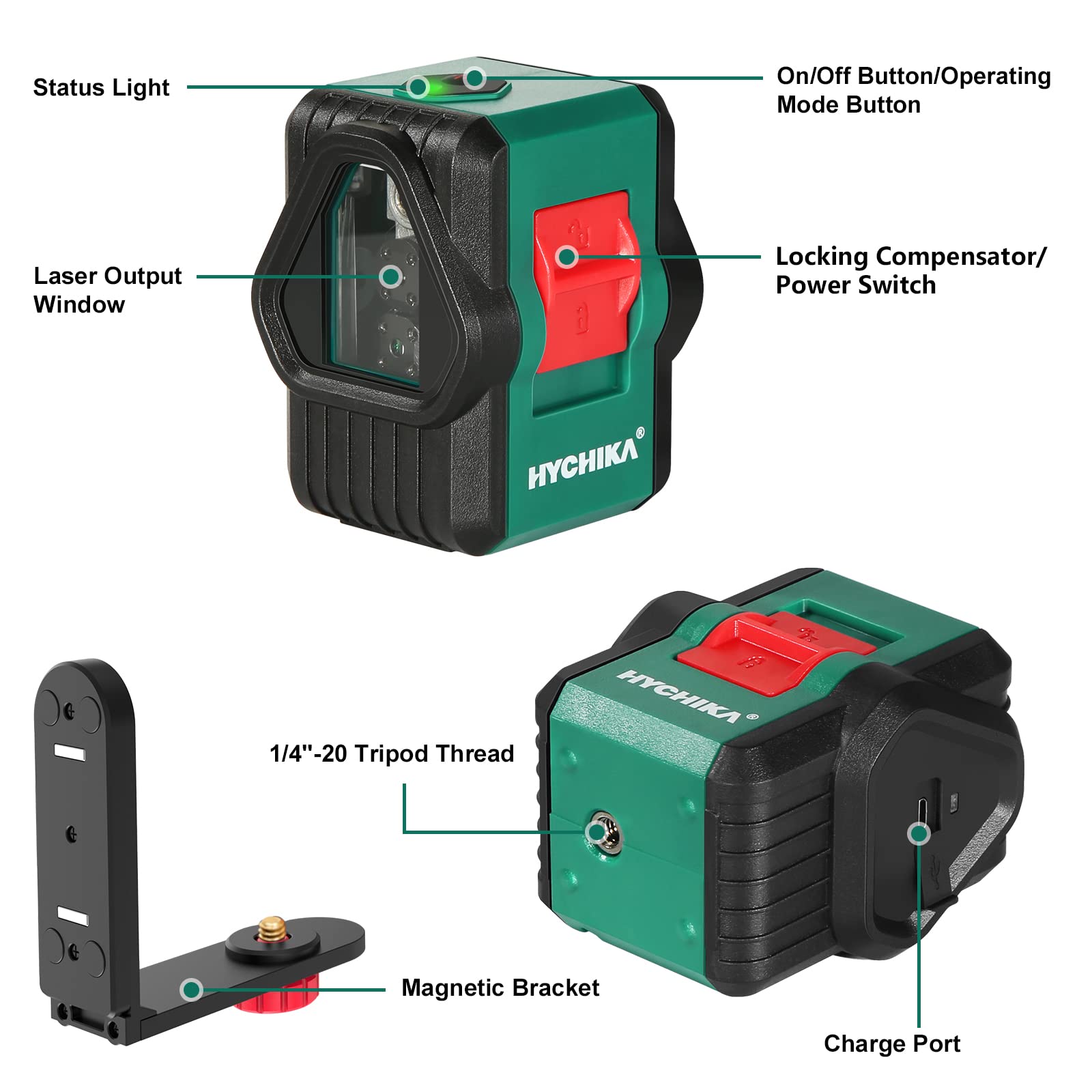 Laser Level, HYCHIKA 100Ft Self-Leveling Green Laser Level, Dual Modules with 2 Laser Heads Horizontal Vertical Cross Line, IP54, Rechargeable Cross - WoodArtSupply