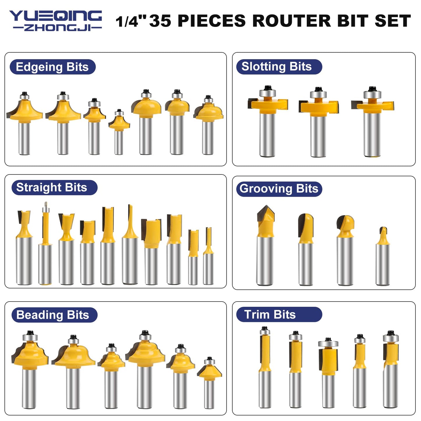 Yueqing Zhongji Router Bit Set of 35 Pieces Router bits 1/2 Inch Shank 35pcs Expert Router Bit Kit C3 Alloy Blade Router bits for Precision Carving - WoodArtSupply