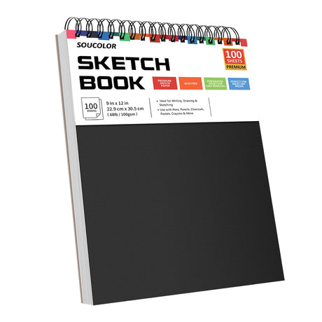 Soucolor 9" x 12" Sketch Book, 1-Pack 100 Sheets Spiral Bound Art Sketchbook, Acid Free (68lb/100gsm) Artist Drawing Book Paper Painting Sketching Soucolor
