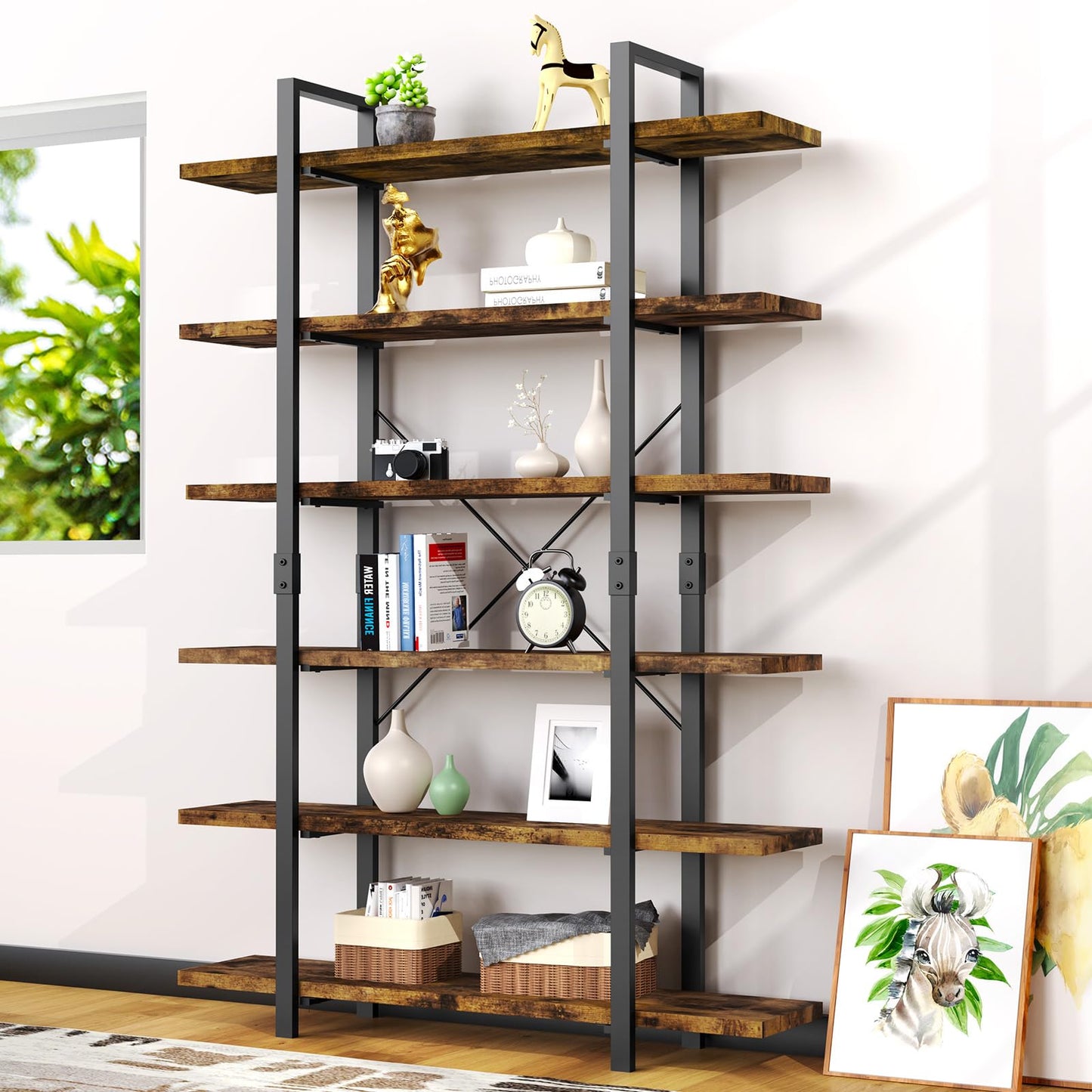 Tall 6-Tier Industrial Style Bookshelf with Rustic Wooden Shelves and Metal Frame - WoodArtSupply