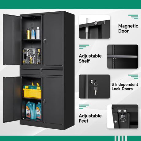 Letaya Metal Garage Storage Cabinet with Drawer,4 Door Tool Cabinet with Lock-2 Adjustable Shelves for Garage Home Office Utility Room (Black) Letaya