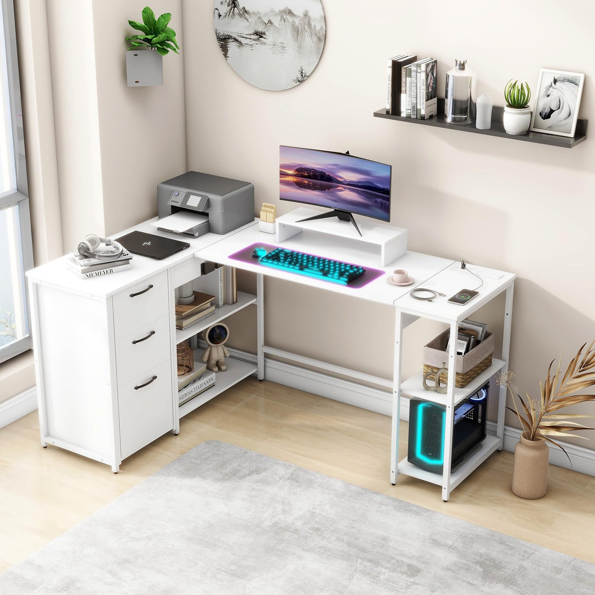 Halitaa 61" L Shaped Computer Desk with Lift Top, Power Outlets, and 3 Drawers Halitaa