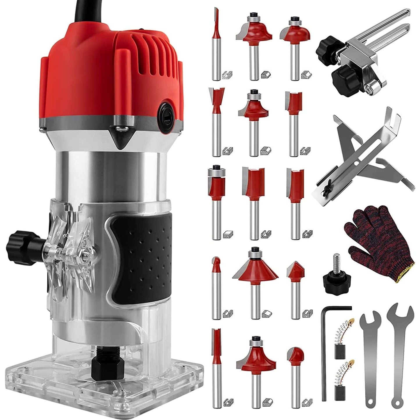 Compact Wood Router Tool 110V Electric Hand Woodworking Trimmer Palm Router kit with Gloves 15 PCS Router Bits (800W) - WoodArtSupply