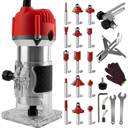 Compact Wood Router Tool 110V Electric Hand Woodworking Trimmer Palm Router kit with Gloves 15 PCS Router Bits (800W) - WoodArtSupply