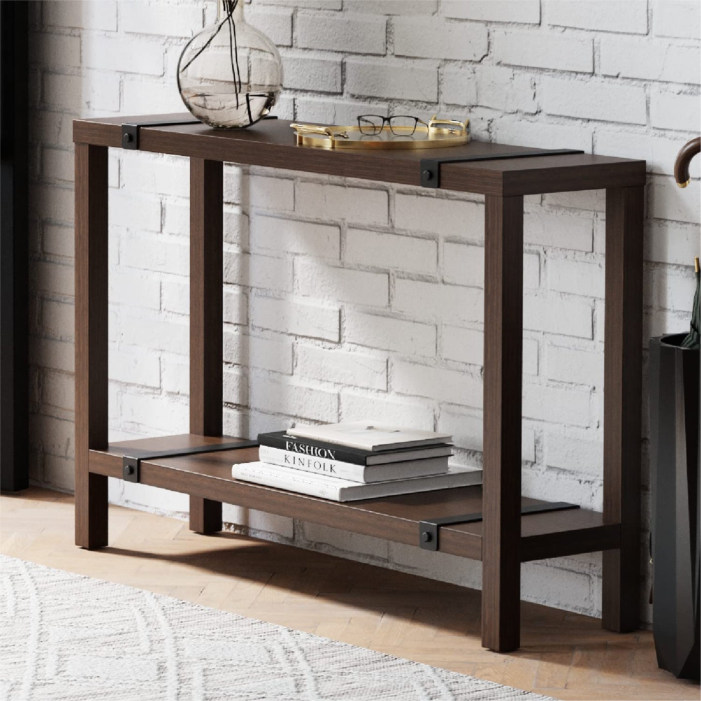 Modern Farmhouse Wood Entryway Table – Skinny Console Table with Storage – Entry Table with Metal Details - Narrow Sofa Table - Living Room Furniture