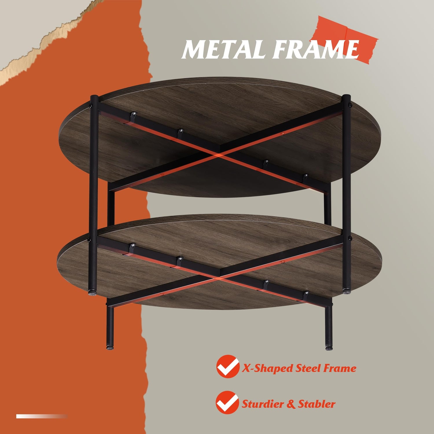 WLIVE Round Coffee Table, Living Room Table with 2-Tier Storage Shelf,32in Wood Modern Coffee Table with Metal Frame and Wood Desktop,Easy WLIVE