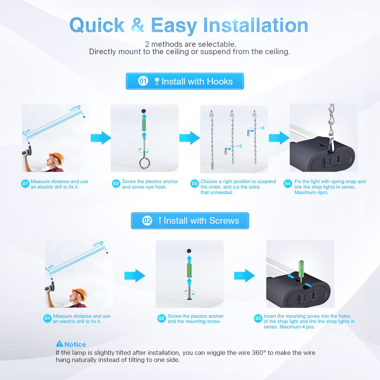 Ensenior 10 Pack Linkable Led Shop Light 4ft for Garage, 4400 High Lumens, 36W Equivalent 280W, 5000K Daylight, 48 Inch Utility shop led lights, Ensenior