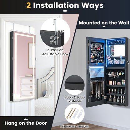 CHARMAID LED Mirror Jewelry Cabinet, Lockable Jewelry Armoire with Adjustable Lighted Full Length Mirror, 3 Lighting Sets, Wall Mounted Door Hanging