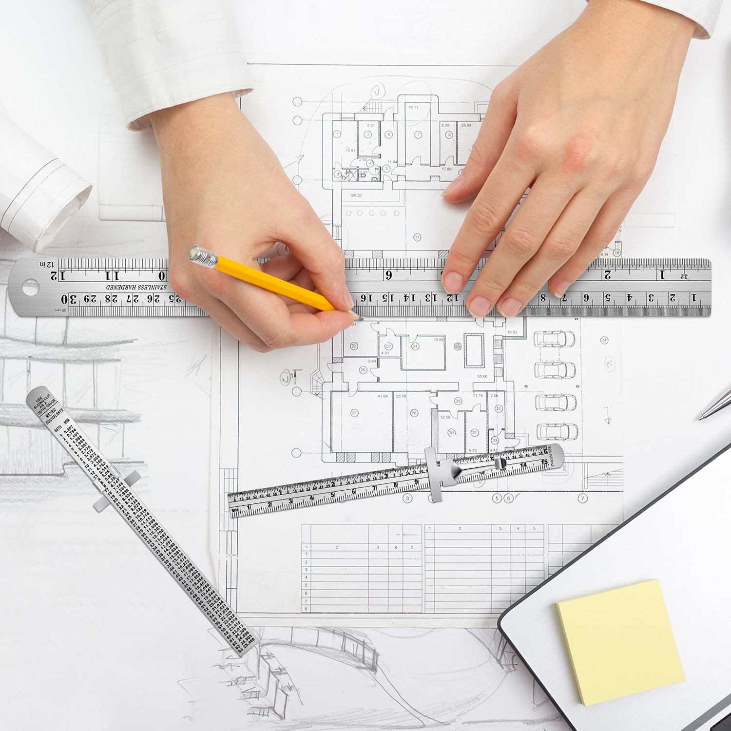 Pocket Ruler 6 Inch and 12 Inch Metal Rulers with Inch and Metric Graduation Stainless Steel Precision Ruler Measuring Tool for Engineering, School, TOODOO